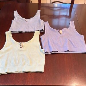By Together Ribbed Button-Front Crop Tops - Blue, Purple, Green. Size M/L
